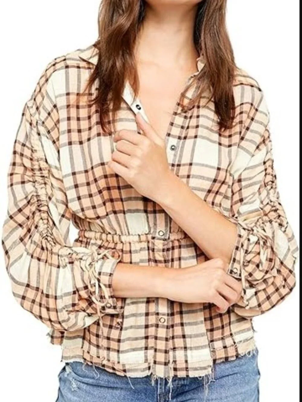 Free People We The Free Pacific Dawn Drawstring Plaid Shirt Orange Size Med Wool